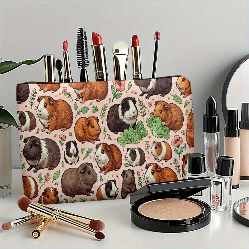 

1pc Makeup Bag Featuring A Guinea Pig and Floral Pattern Lightweight Zip Closure for Travel and Everyday Use Storage Pouch