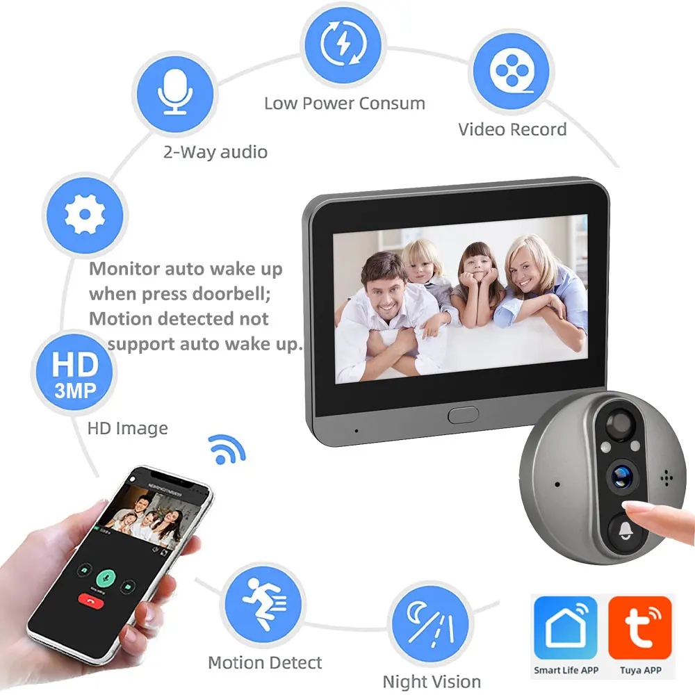 Yuezhe Choice Tuya Digital Door Peephole Wireless House Doorbells Camera WiFi 3MP 5000mAh PIR Motion Alarm Alexa for Smart Home