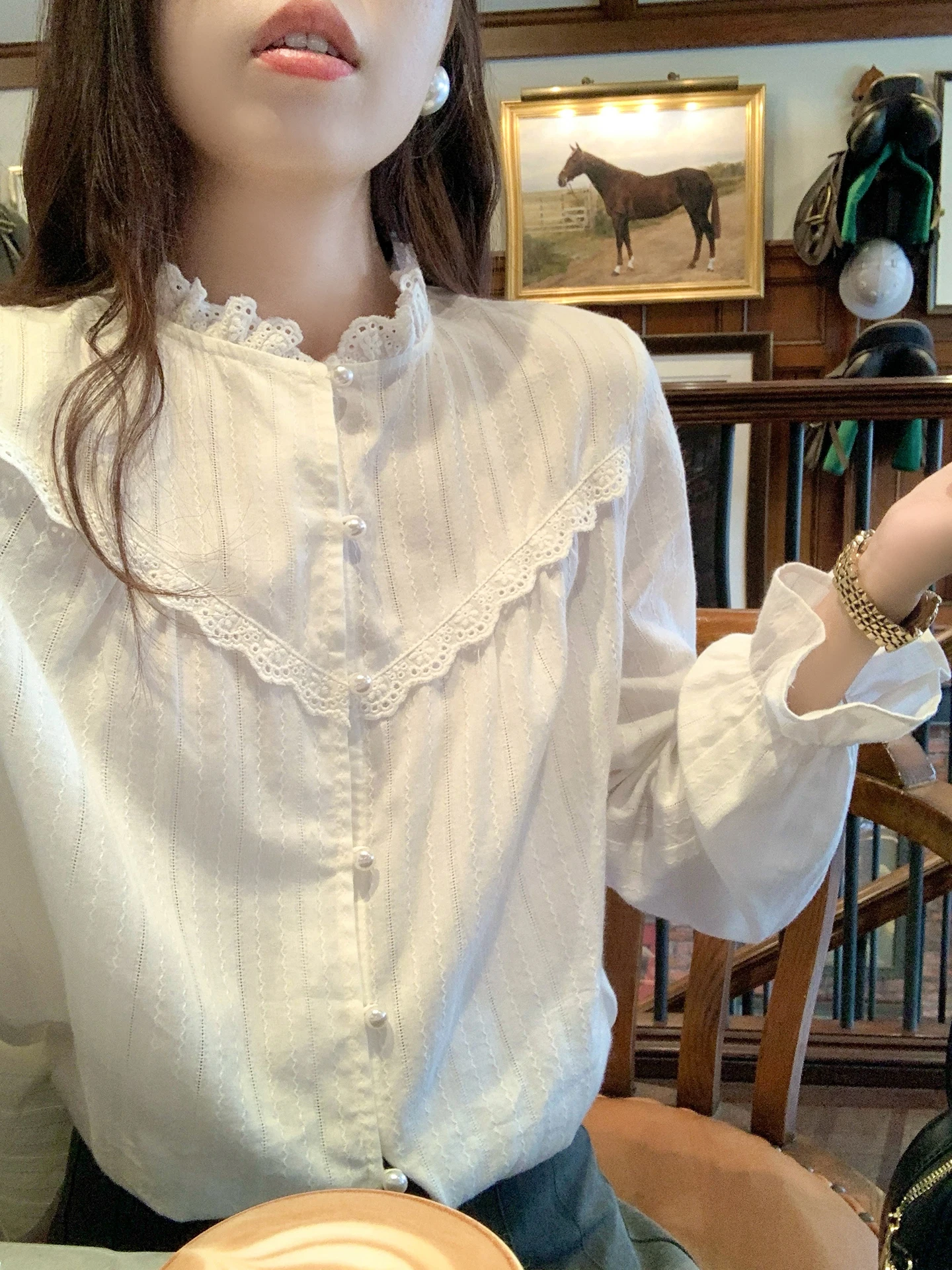 

Loose Long Sve Women's irt Floral Lace Collar Inner Wear Casual French Sle Faion Spring Summer Autumn Winter Top