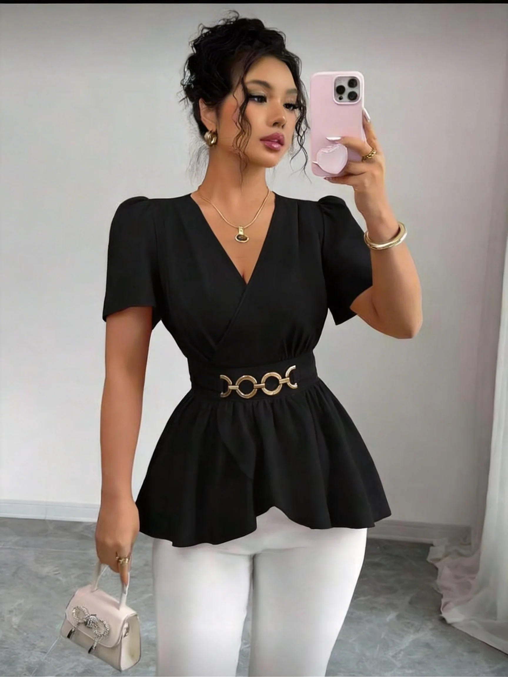 

plus Size Women's V-Neck Waist Metal Belt Elegant Fashionable clothing