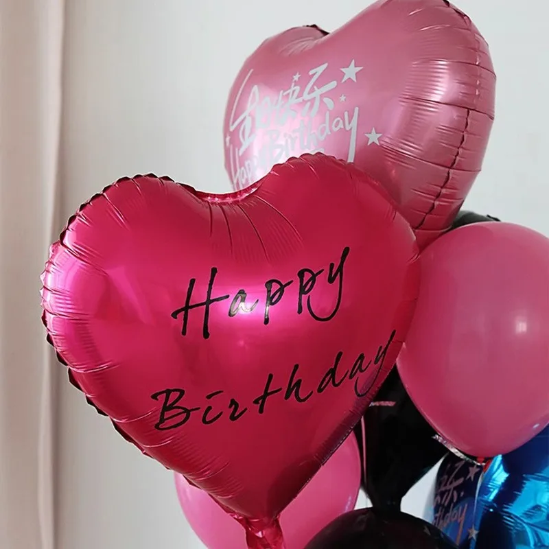 Happy Birthday Heart Shaped Aluminum Film Balloon Black Rosepink Happy Birthday Party Ballons Set Girls Photo Props Supply - Detail 1