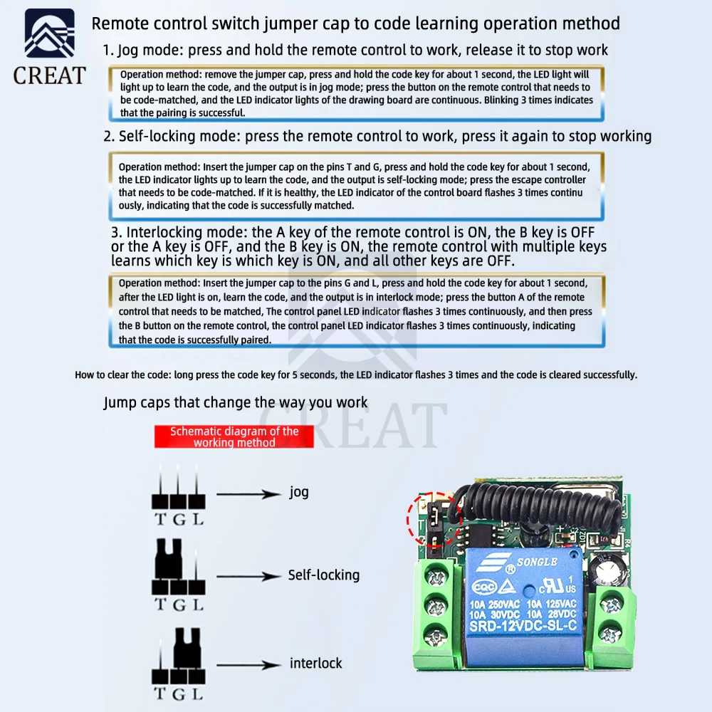 DC12V 10A Relay 1 CH 433Mhz Wireless RF Remote Control Switch Transmitter with Receiver Module for LED Light Door Remote Control