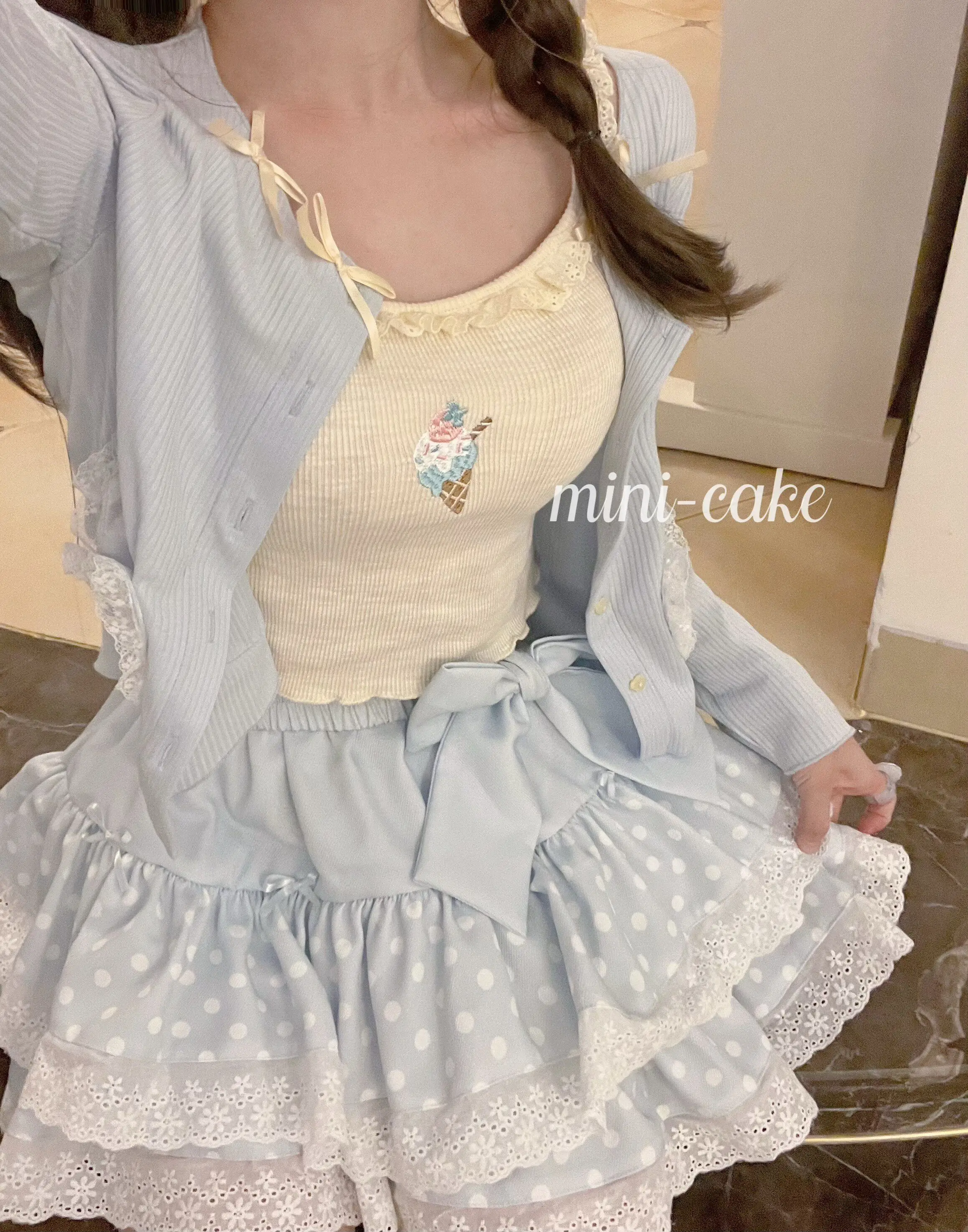 Sweet Pink Polka Dot Tiered Skirt Cream Sweet Soft Girl Skirt A-line Lolita Skirt 2026 New Lace Ruffle Big Bow Cake Skirts