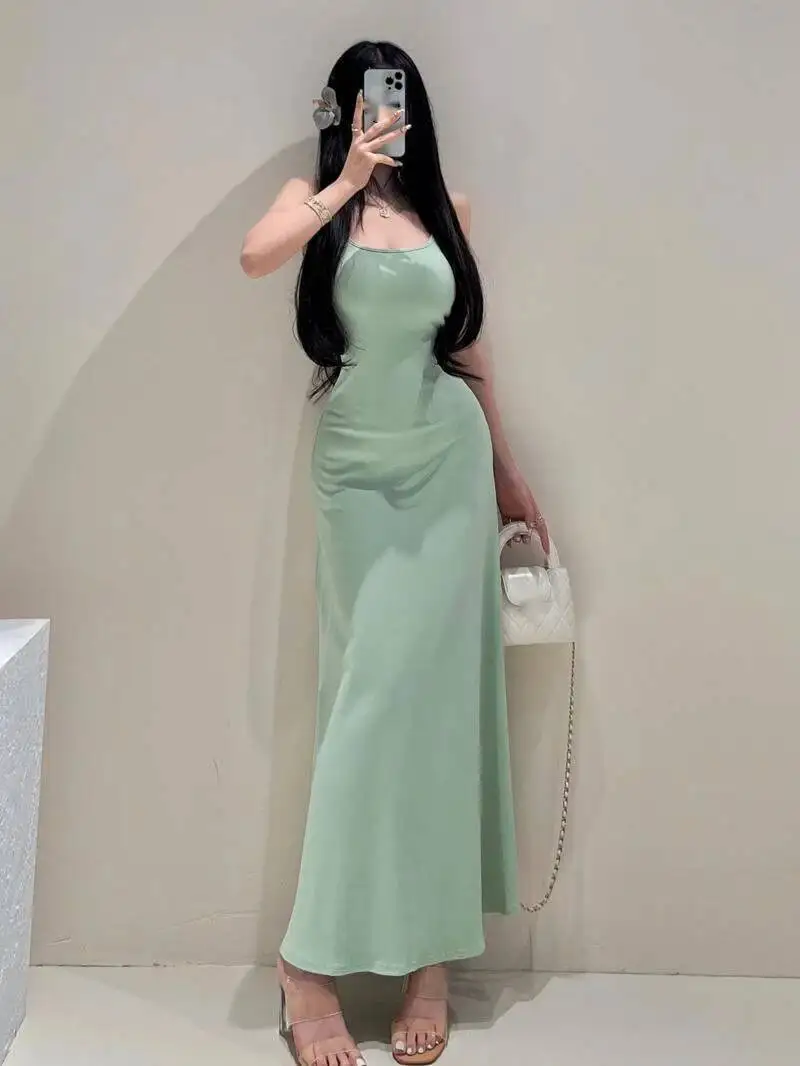 Mint Green Camisole Dress Elegant For Women's Summer Sexy Vacation Style Long Dresses Sweet Fashion Women 2025 New  A71U