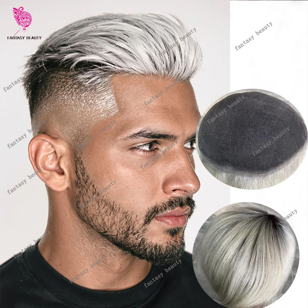 Full Swiss Lace Black RootOmbre Platinum Blonde bt60r# 1bt613 Men Toupee Capillary Prosthesis Male Grey Human Hair Replacement