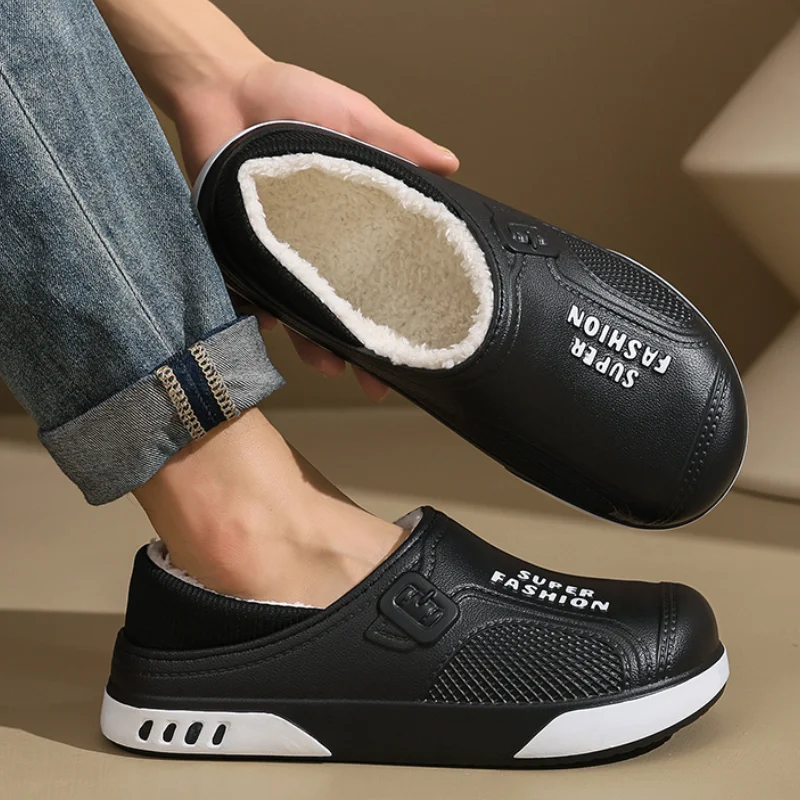 Fashion Design Waterproof Plush Slippers Men's Winter Lightweight Soft Sole Fuzzy Cotton Slippers Outdoor Non Slip Warm Shoes 45
