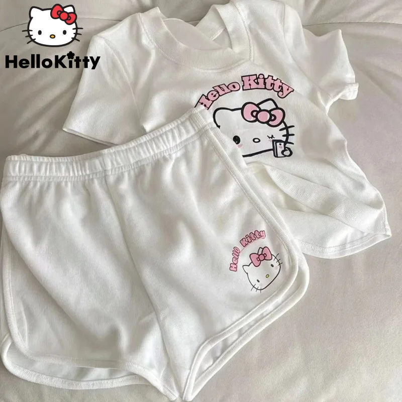 

Sanrio Hello Kitty New Summer Suit Women's Kawaii Cartoon Printed Clothes Versatile Fashion Y2k Girl Korean Style Two Piece Set