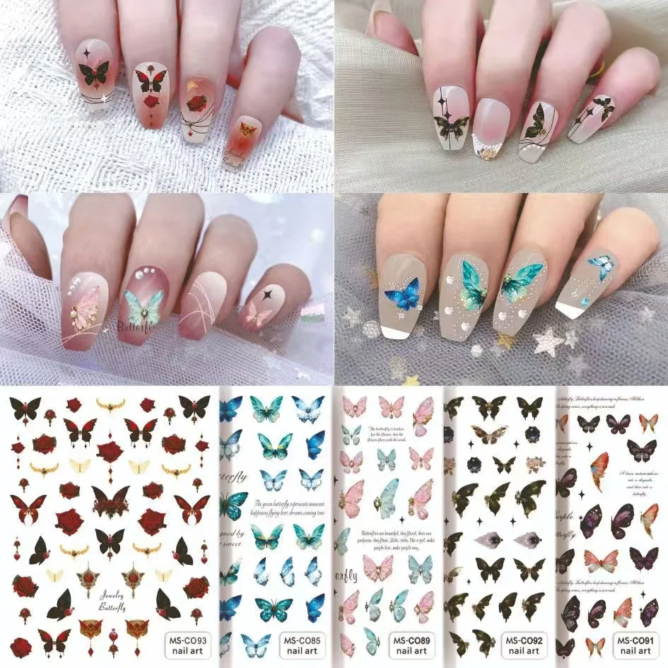 1PCS New Y2K Multicolor Butterfly Nail Stickers Flower Nail Supplies Nail Decals Press On Nails Self-adhesive Stickers For Nails