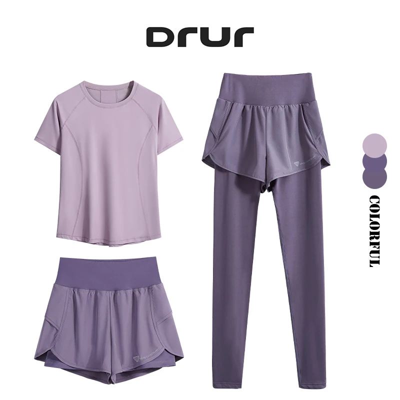 DRUR 3pcs Yoga Set Women Summer Sports Outfit Quick Dry Short Sleeve Yoga Shirt High Waist Leegings Sets Jogger Sportwear Suit