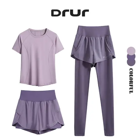 DRUR 여성용 요가 세트, 빠른 건조, 반팔, 요가 셔츠, 하이 웨이스트, 레깅스 세트, 조거, 스포츠웨어, 세트, 여름, 3 개