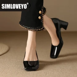 ASILETO 2023 Women Pumps Patent Leather Square Toe Chunky Heels 6cm Slip On Office Lady Shoes Shallow Small Size 32 33