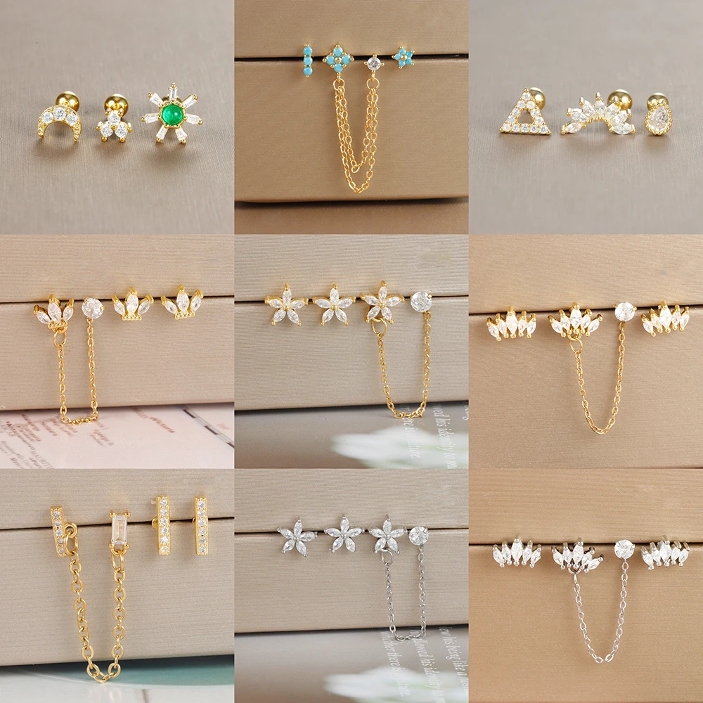 

3PCS Stainless Steel Earrings For Women 18K Gold Plated Zircons Double Studs Chain Tassel Piercing Earring Fashion Jewelry Sets