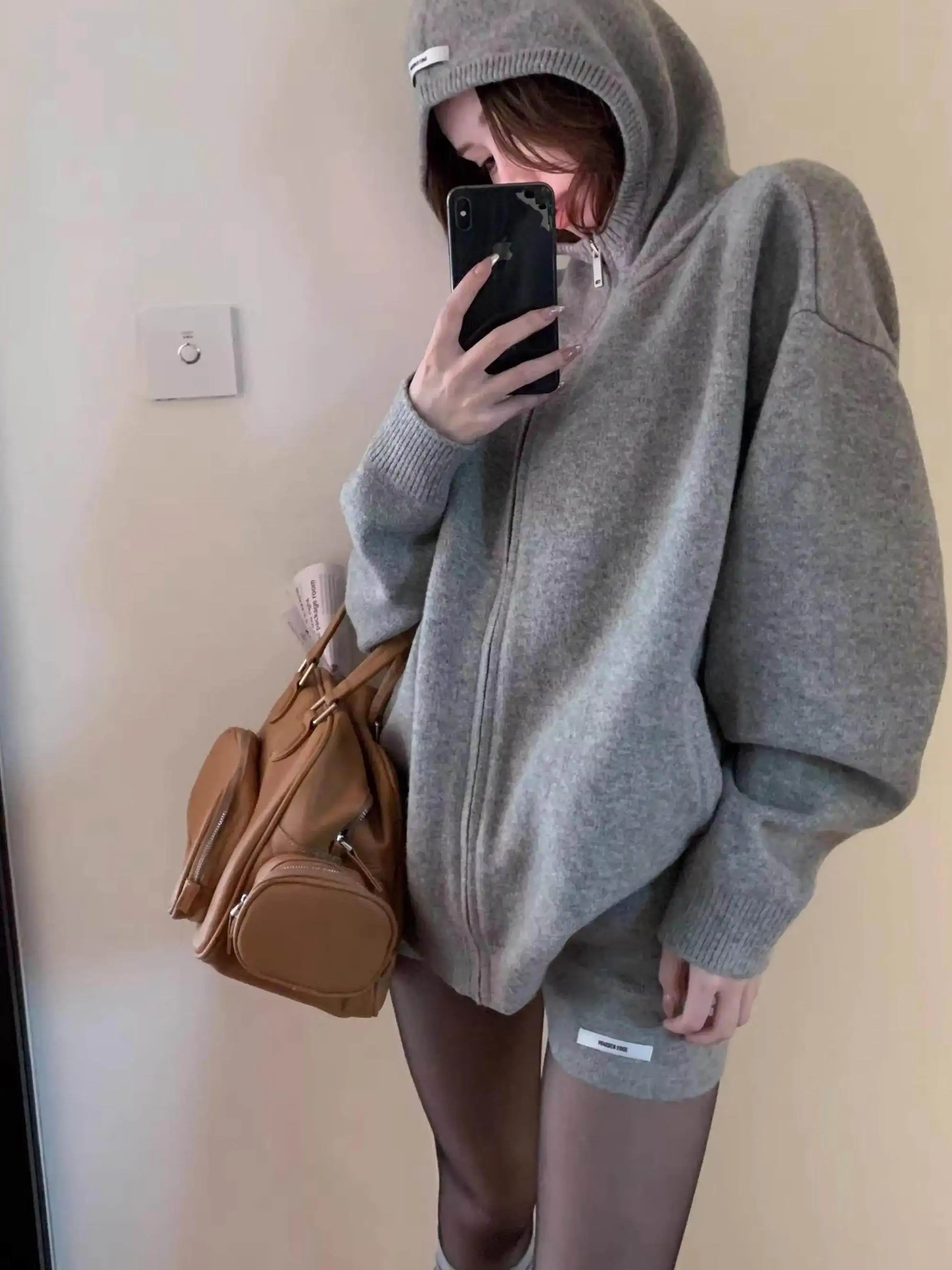 

American Hot Girl Knitted Hat Sweater Set Women Spring Autumn Zipper Open Cardigan Elastic Waist orts Two Piece Set