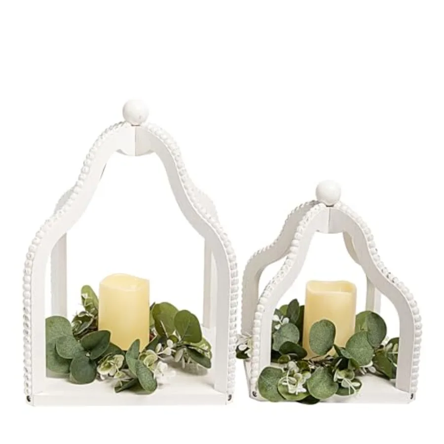 

HPC Decor 2 Pack Rustic Farmhouse Lantern DecorVintage Wood Beaded Lanterns White Candle Lanterns Decorative w/LED Lights Strin