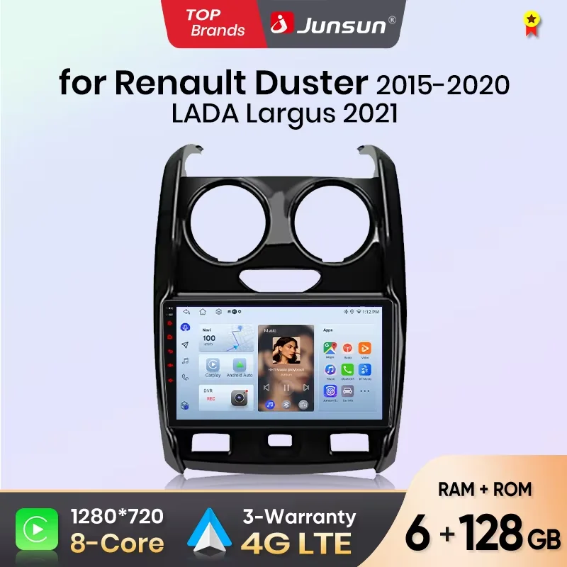 Autoradio sans fil Junsun CarPlay Android Auto pour Renault Duster 2015-2020 pour LADA Largus GPS multimédia 2 din avec ventilateur de refroidissement intégré Navigation GPS SWC Bluetooth FM RDS DSP Écran IPS Systèmes intelligents pour voiture 4G WiFi 8 cœurs