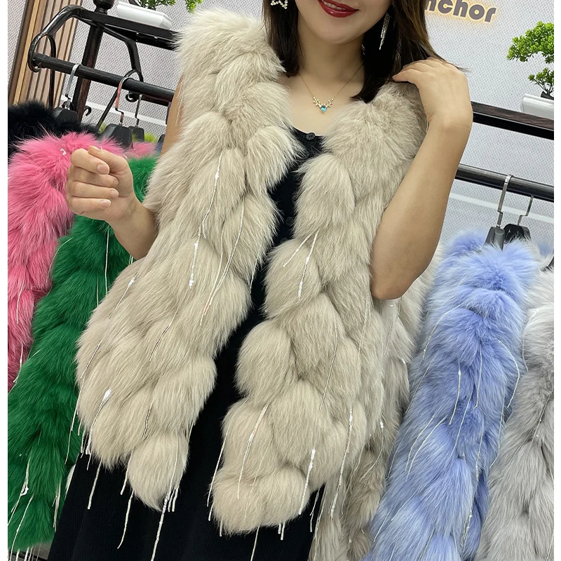 Autumn Winter Natural Fur Coat Women's Fox Fur Vest Fashion Fur Sleeveless Jacket Luxury Warmth Tassles Waistcoat Genuine Fur