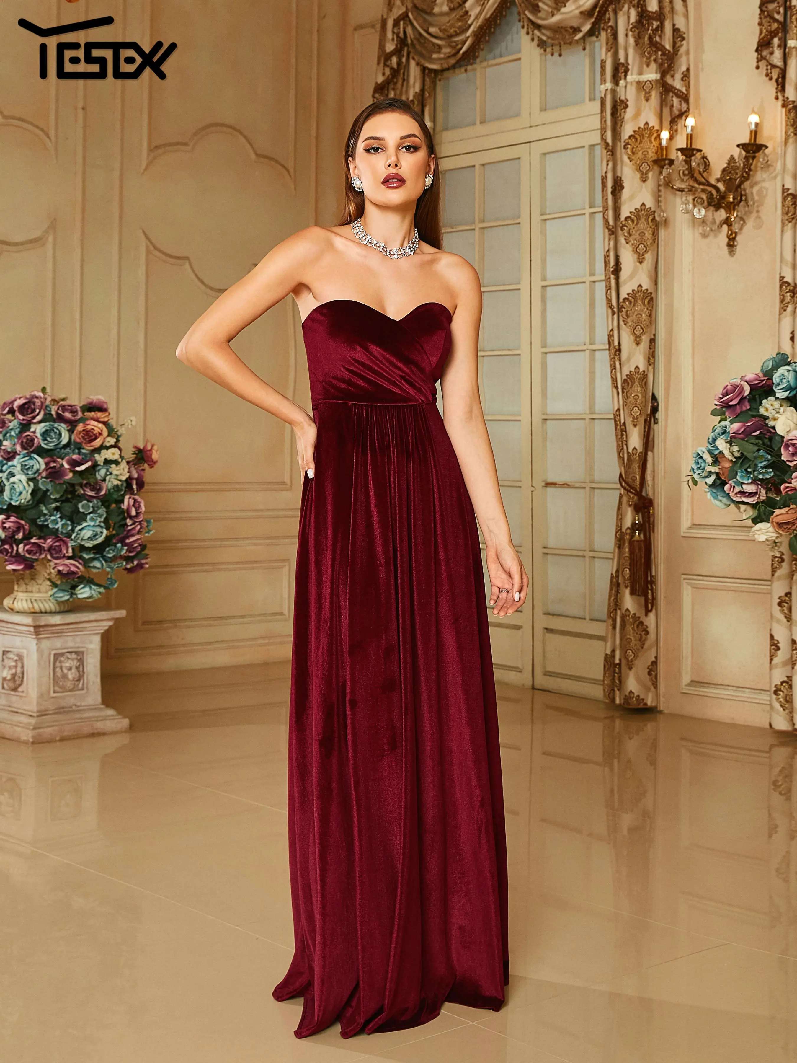 

Yesexy New Elegant Party Dresses For Women 2023 Formal Strapless A-Line Velvet Burgundy Ball Gown
