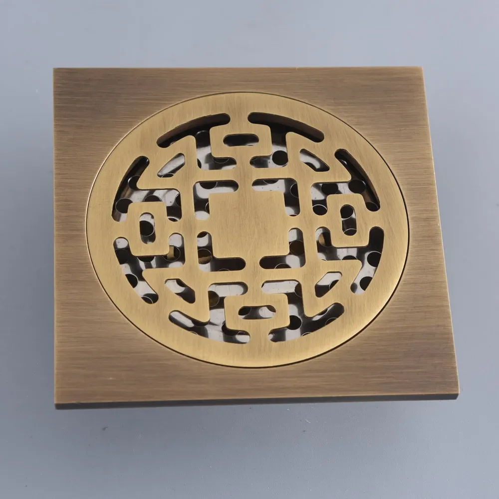 Antique Brass Carved Flower Pattern Bathroom Shower Drain 4