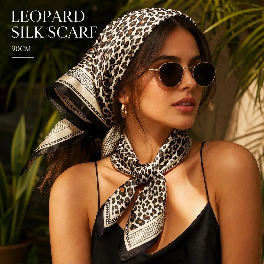 Fashion Leopard Print Women's Head Scarf 90x90cm Luxury Paisley Bandana‌ Satin Neckerchief Hijab Beach Wear