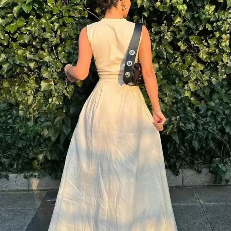 HXAO 2024 Woman Sleeveless Dresses Green White Women\'s Dress High waist Midi Dresses Evening Long Dresses