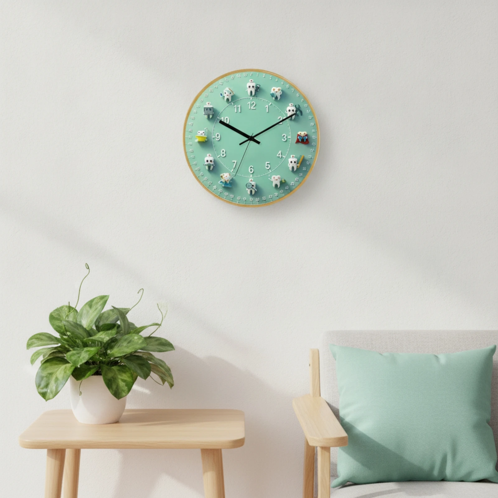 Tooth Wall Clock Decorative Tooth-Themed Wall Clock Wood-Look Pastel Green Green for Dentists, Waiting Room