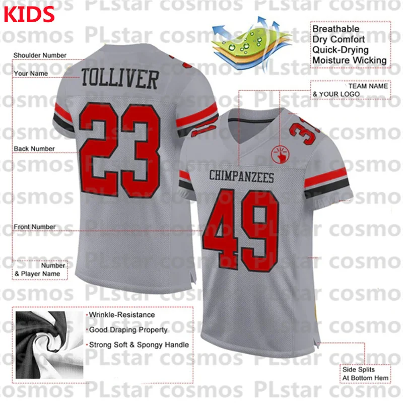 Custom Gray Red-Black Mesh Football Jersey 3D Printed Kids Football Jersey Boys Tops Girl Tees