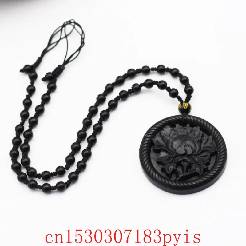 

Carved Peony Natural Black Green Jade Flower Pendant Necklace Fashion Fine Jewelry Gemstone Charm Amulet Gifts for Women Luxury