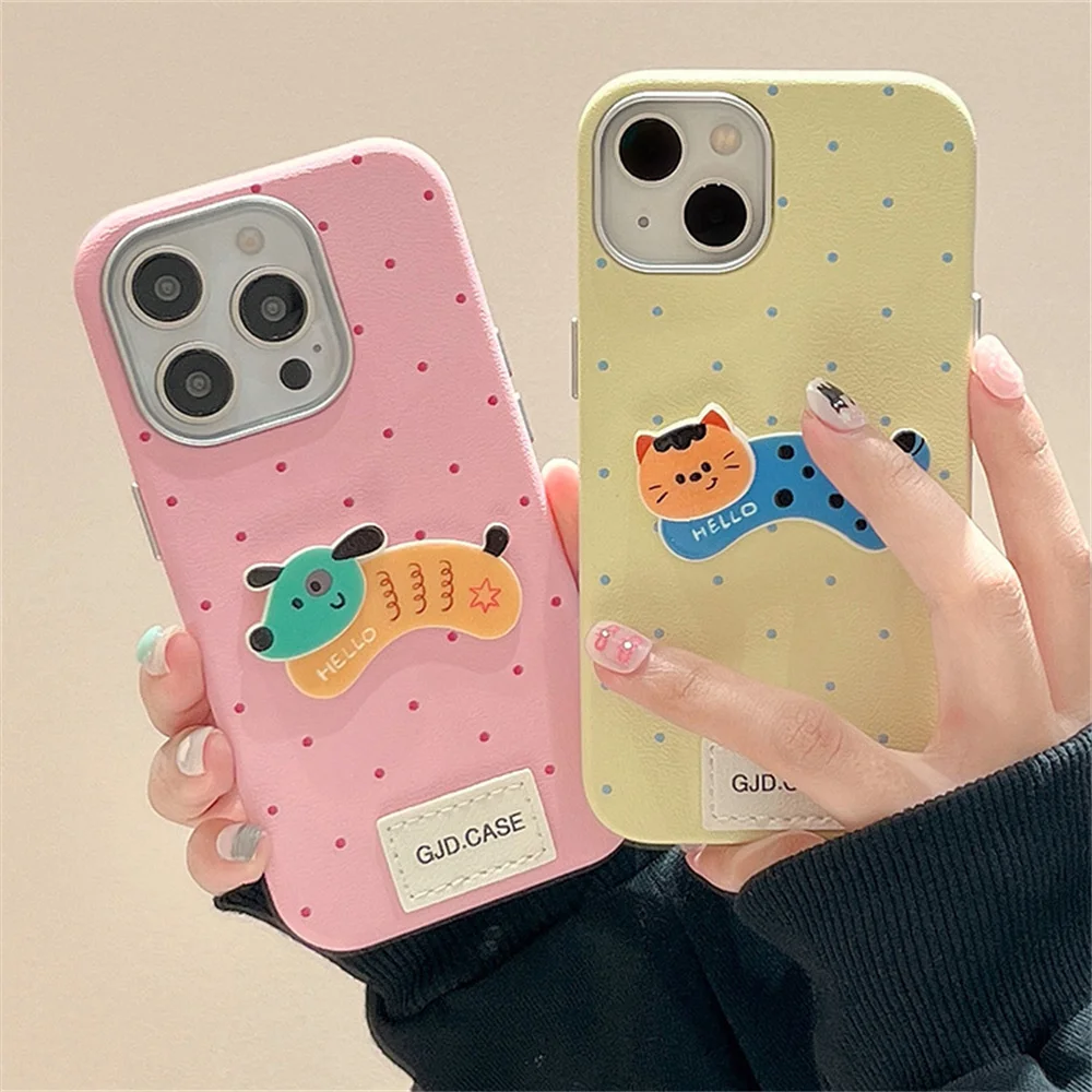 Cute Cartoon Funny Puppy Cat Polka Dot Solid Color Phone Case For iPhone 15 14 13 16 12 Pro Max 11 Lovely Leather Pattern Cover