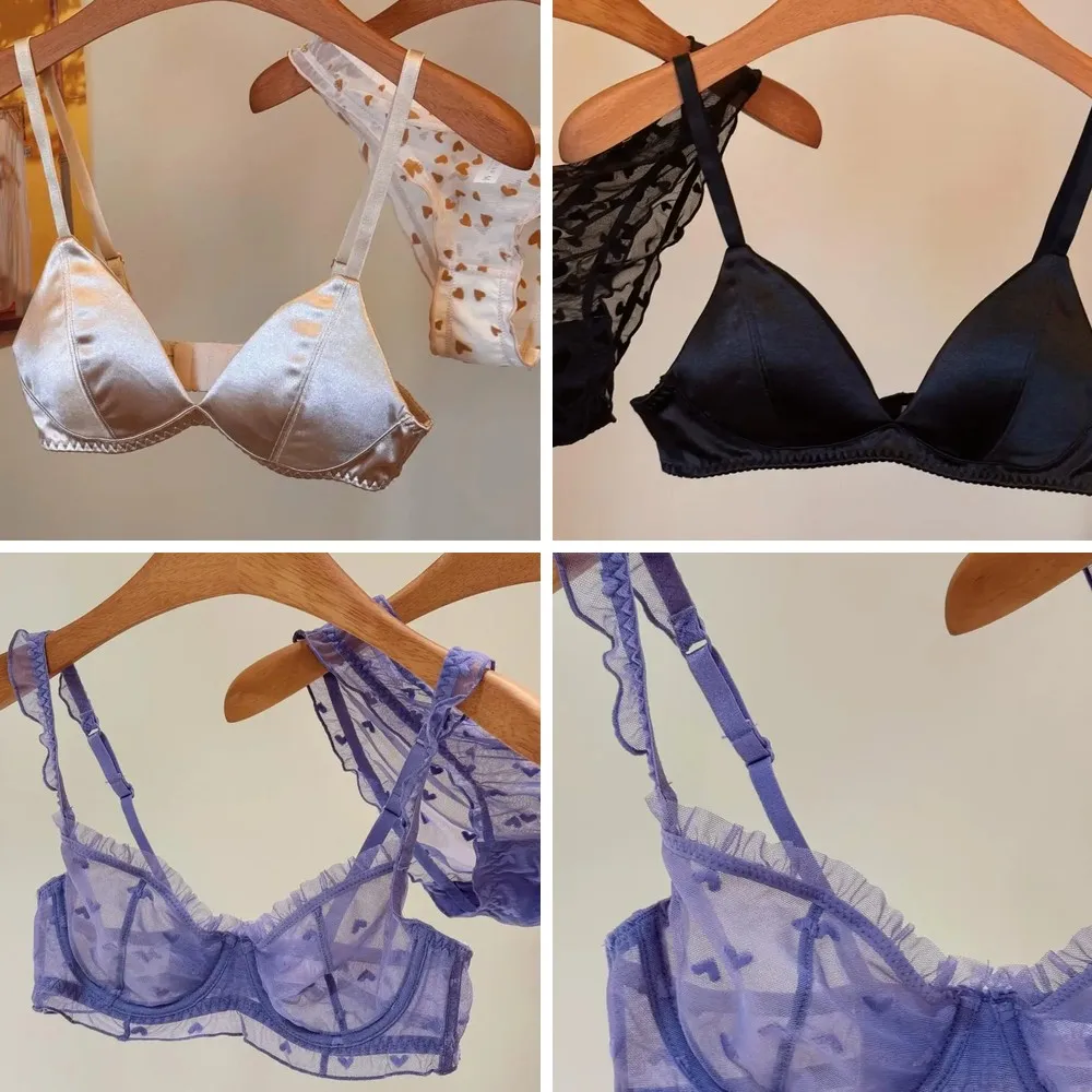 

Sexy Satin Triangle Cup Non-Marking Bra Set, Comfortable Wireless Lingerie for Large Breasts