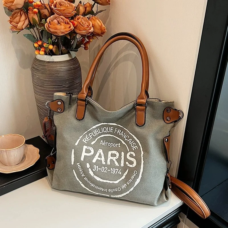 

Vintage Letter Print Canvas Tote Bag Durable Crossbody Bag for Work Women's Bags Hand Bag Ladies Shoulder Bag