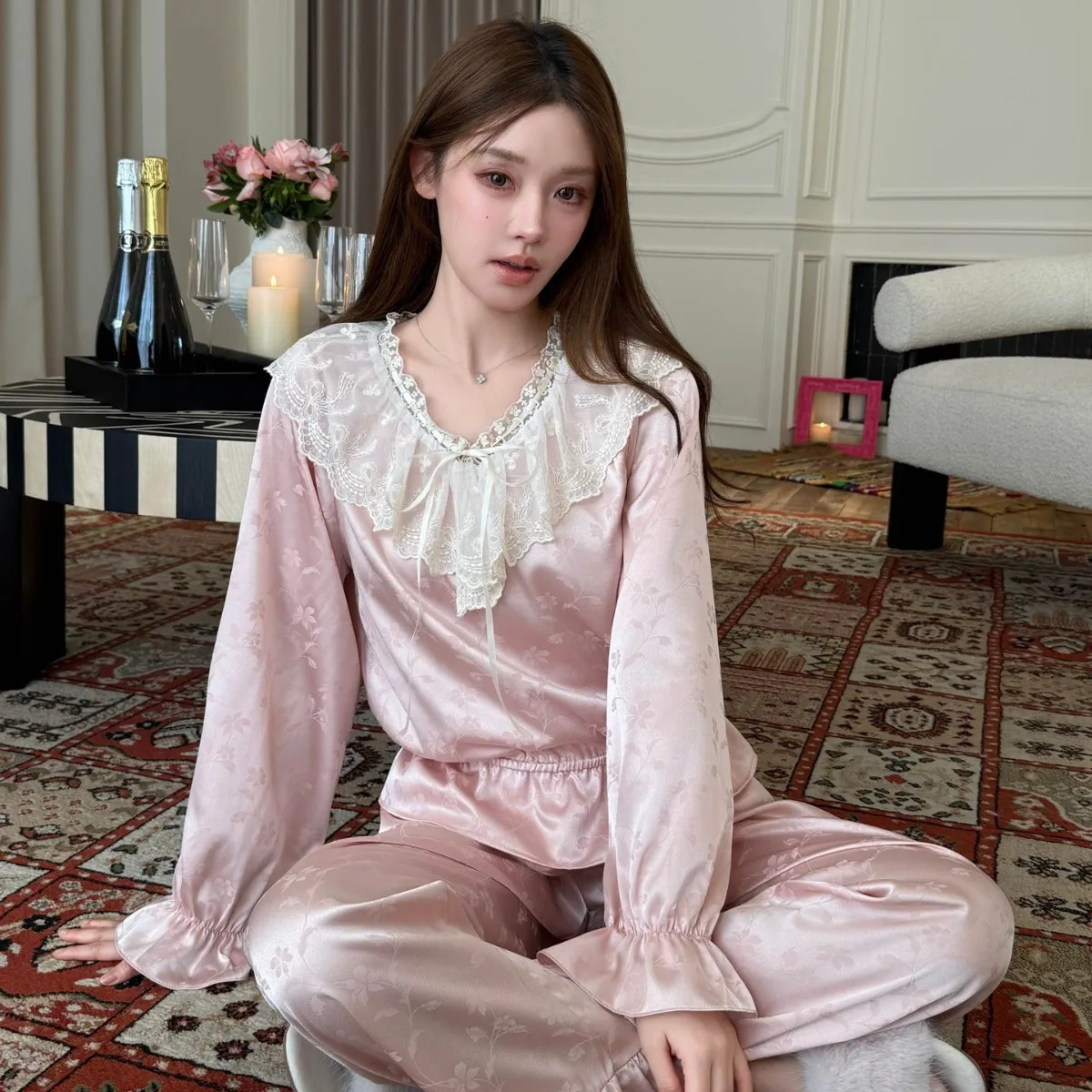 

Female 2PCS Pajamas Set Lounge Wear Spring Summer New Sleepwear Long Sleeve Trouser Pijamas Suit Loose Print Flower Homewear Pjs