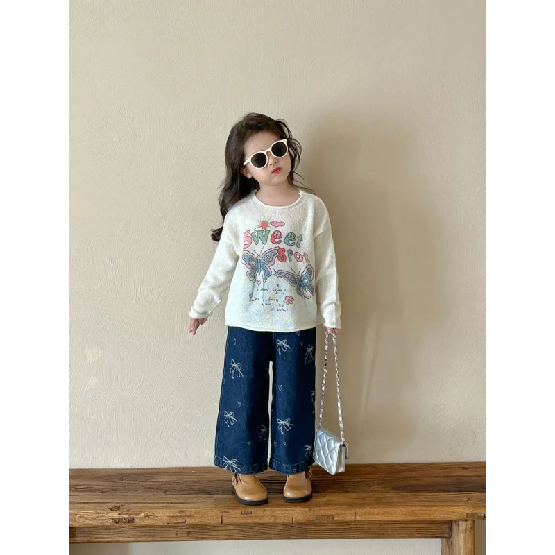 

Girls' Suit2024Autumn New Medium and Large Children's Long Sleeve Sweater Straight Jeans Two-Piece Children's Trousers Fashion