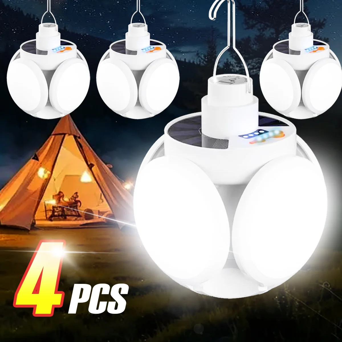 

4 портативных фонаря для кемпинга, светодиодные фонарики на солнечной энергии, складные, с крючком, подходят для внутреннего освещения, кемпинга на открытом воздухе