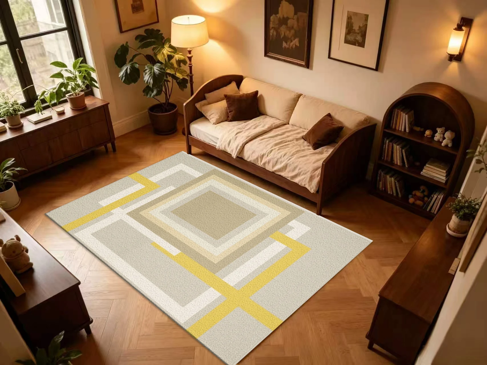 Geometric Square Maze Carpet Flooring Beige Yellow White Abstract Layered Block Pattern Floor Rug Modern Minimalist Living Room Decor Mat