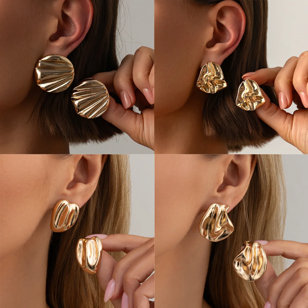 Gold Irregular Wrinkled Stud Earrings for Women Round Textured Striped Metal Chunky Studs Minimalist Chic Jewelry