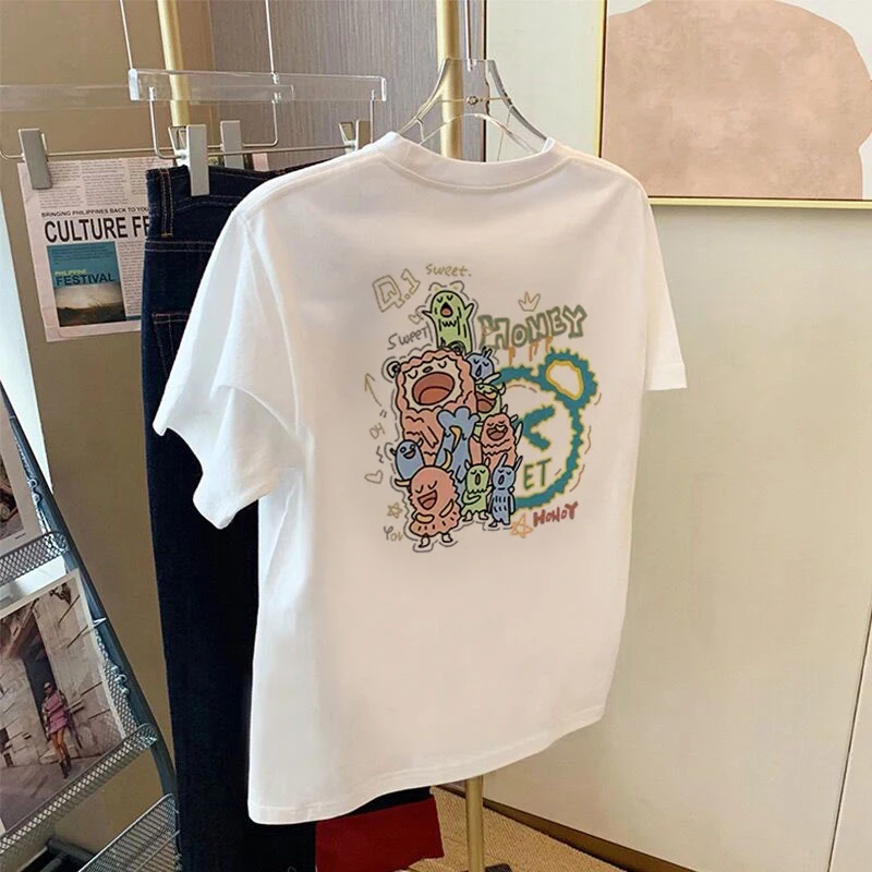 

European White Fashion Cartoon Printing Pure Cotton Shoulder Short-sleeved T-shirt Women's 2025 Summer New Loose Crew Neck Top