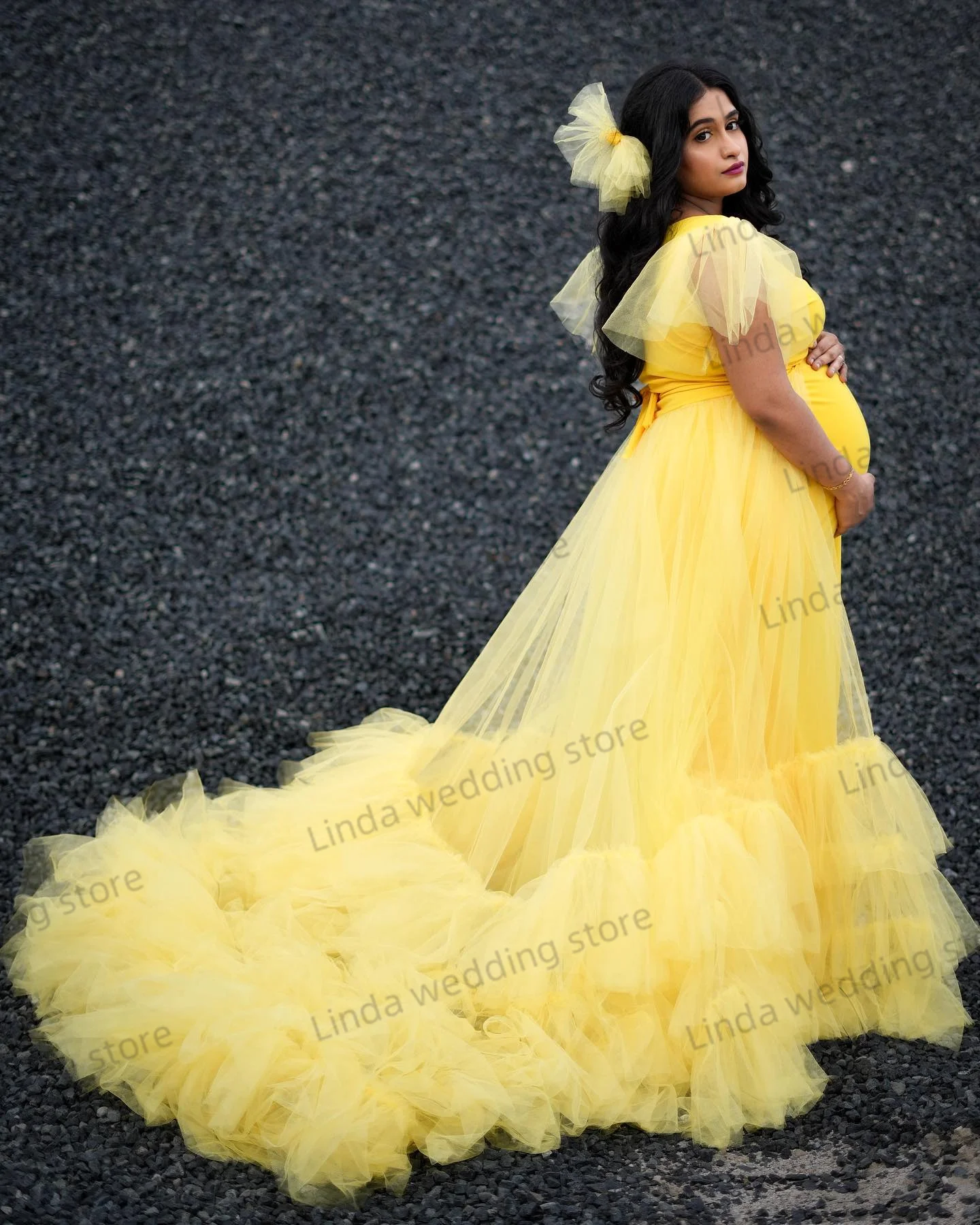 Pretty Yellow Maternity Dresses for Women A line Pregnancy Prom Dresses with Lining Photo Shoot Babyshower Plus Size