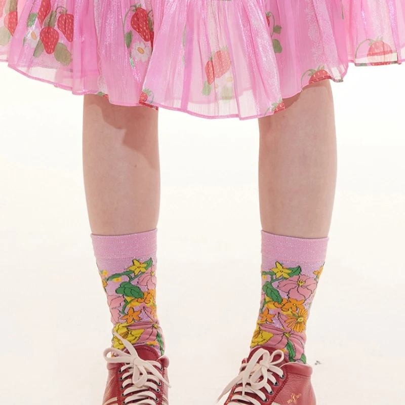 Autumn New Pink Gold and Silver Thread Women's Socks Japanese Design Cute Sweet Flower Print Versatile Mid-Calf Hosiery Ladies