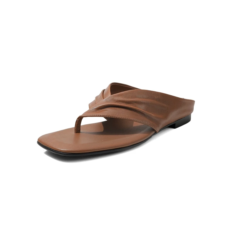Leather Version Retro Toe Clip Sandals Women Summer 2026 New Square Head Thick Heel Sandals Versatile Comfortable Slippers