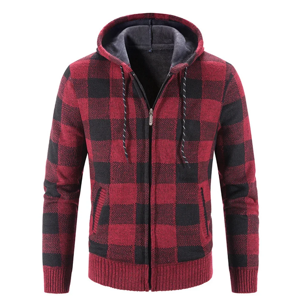 1x Men Autumn Winter Warm Thick Knit Cardigan Hooded Hoodie Plaid Coat Jacket Fleece Lined Sweatshirt