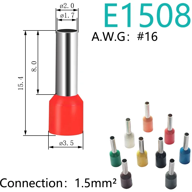 100PCS 1.5mm² 16 AWG Insulated Ferrules Cable Lug Single Cable Type Electrical Cord End Connector Cold Crimping Terminal E1508