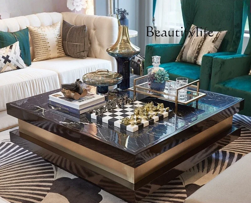 

yj15 FTavolino da caffè in marmo italiano leggero e di lusso, combinazione di mobili TV, tavolo da tè quadrato per soggiorno, vi