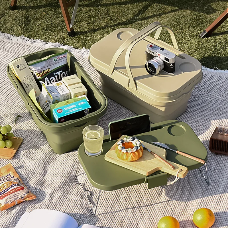 

Outdoor Picnic Basket With Cover Table Board Camping Picnic Multi-Function Hand Basket Plastic Folding Storage Basket