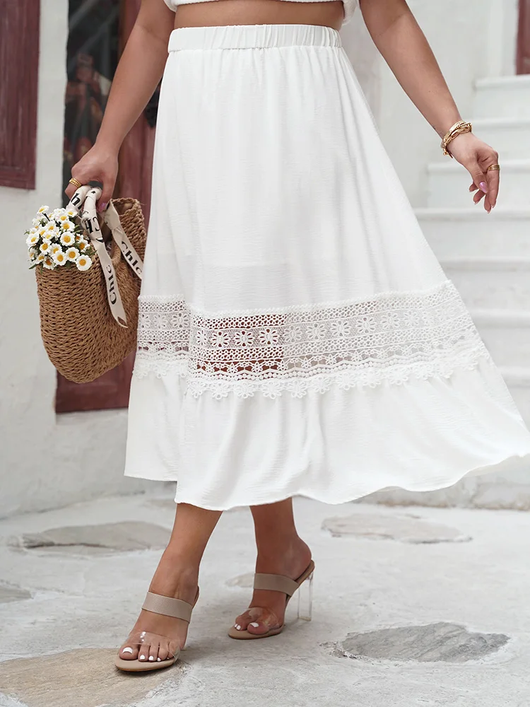 GIBSIE Plus Size Contrast Lace Elastic Waist A-Line Skirt Women 2024 Spring Summer White Boho Casual Vacation Long Skirts