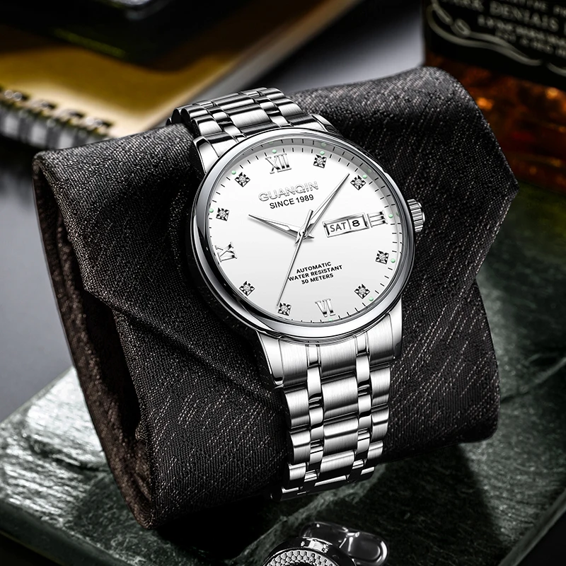 Мужские часы GUANQIN, механические часы с двойным календарем из нержавеющей стали, светящиеся водонепроницаемые мужские наручные часы для бизнеса и отдыха