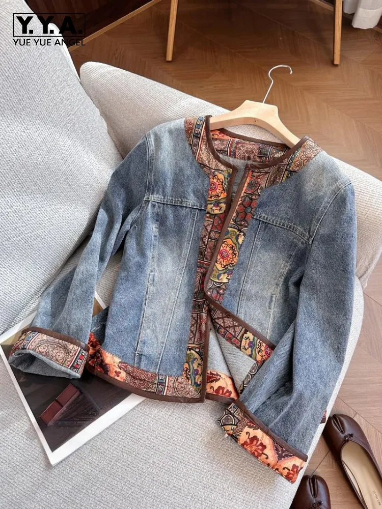 New Chinese Style Women Denim Jacket O Neck Patchwork Spring Long Sleeve Casual Outerwear Female Vintage Harajuku Short Coat