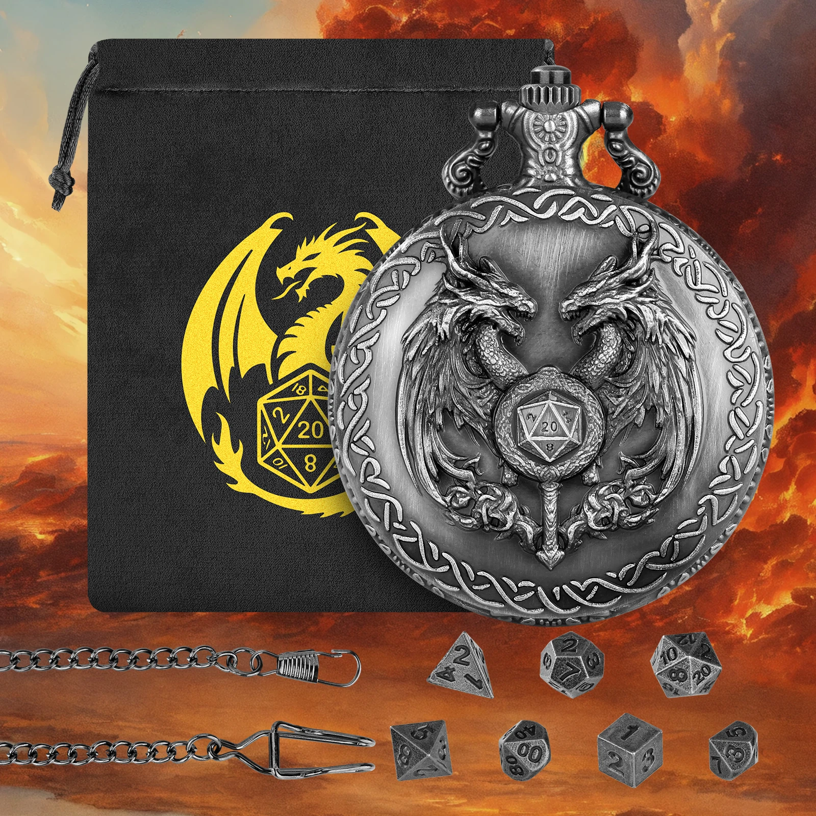 5pcs Wholesale Double Dragon D20 Metal Pocket Watch Case Mini Polyhedral Dice Set for Dice Lover Retro Fob Chain Pendant Gift