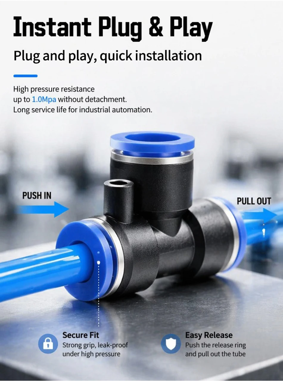 5PCS PE Pneumatic Tee Fitting - Plastic Push in Air Connector Tube Quick Release Hose Pipe Adapter for 4mm 6mm 8mm 10mm 12mm T&I Online Store