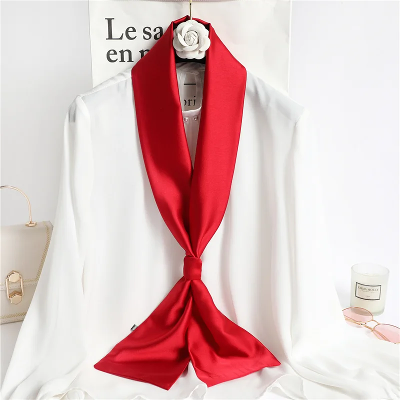 Red Solid Color Long Silk Scarf Female Hair Scarves Silk Satin Neck Scarf For Women 14*145CM Headbands Plain Bag Ribbon Lady