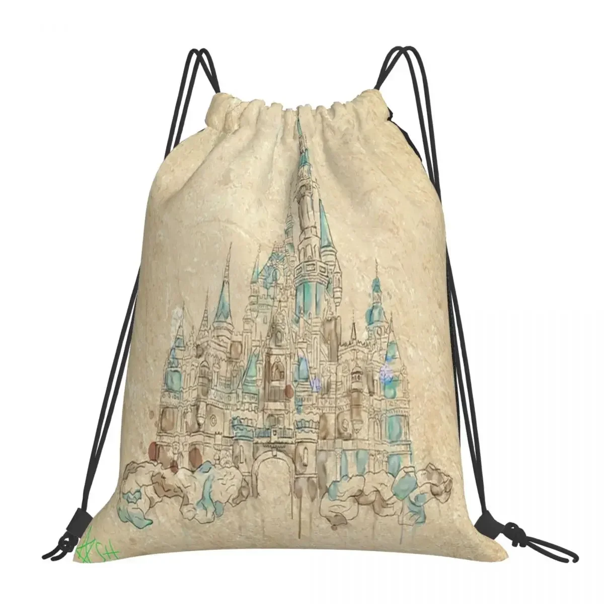 Enchanted Storybook Castle Backpacks Portable Drawstring Bags Drawstring Bundle Pocket Sports Bag BookBag For Travel School